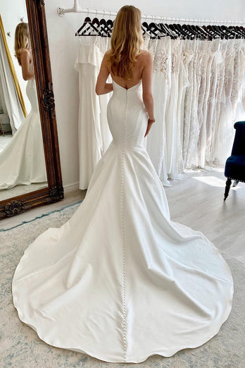 White Strapless Satin Long Mermaid Wedding Dress