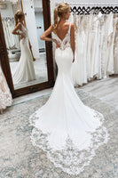 Load image into Gallery viewer, Mermaid White Deep V-Neck Long Wedding Dress with Lace