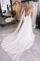 Load image into Gallery viewer, Ivory A-Line Watteau Train Boho Long Chiffon Wedding Dress with Lace