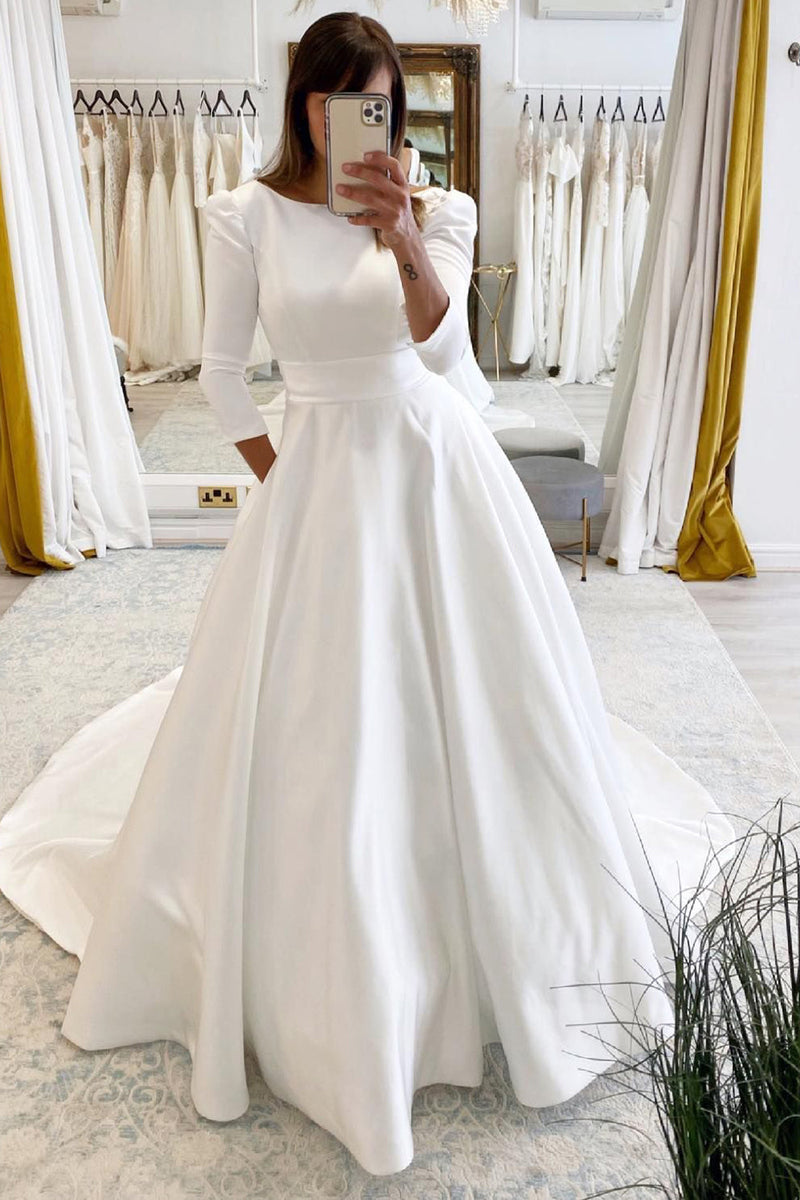 Queendancer Women Vintage White A-Line Long Satin Wedding Dress with Pockets Boat Neck Sweep Train Bridal Dress with Sleeves – queendanceruk