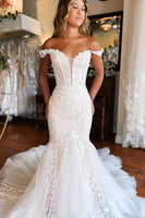 Load image into Gallery viewer, Mermaid White Lace Sweep Train Long Wedding Dress