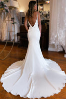 Load image into Gallery viewer, Simple White Mermaid Backless Boho Wedding Dress