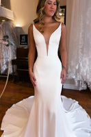 Load image into Gallery viewer, Simple White Mermaid Backless Boho Wedding Dress