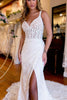 Load image into Gallery viewer, White V-Neck Sheath Long Lace Wedding Dress with Slit