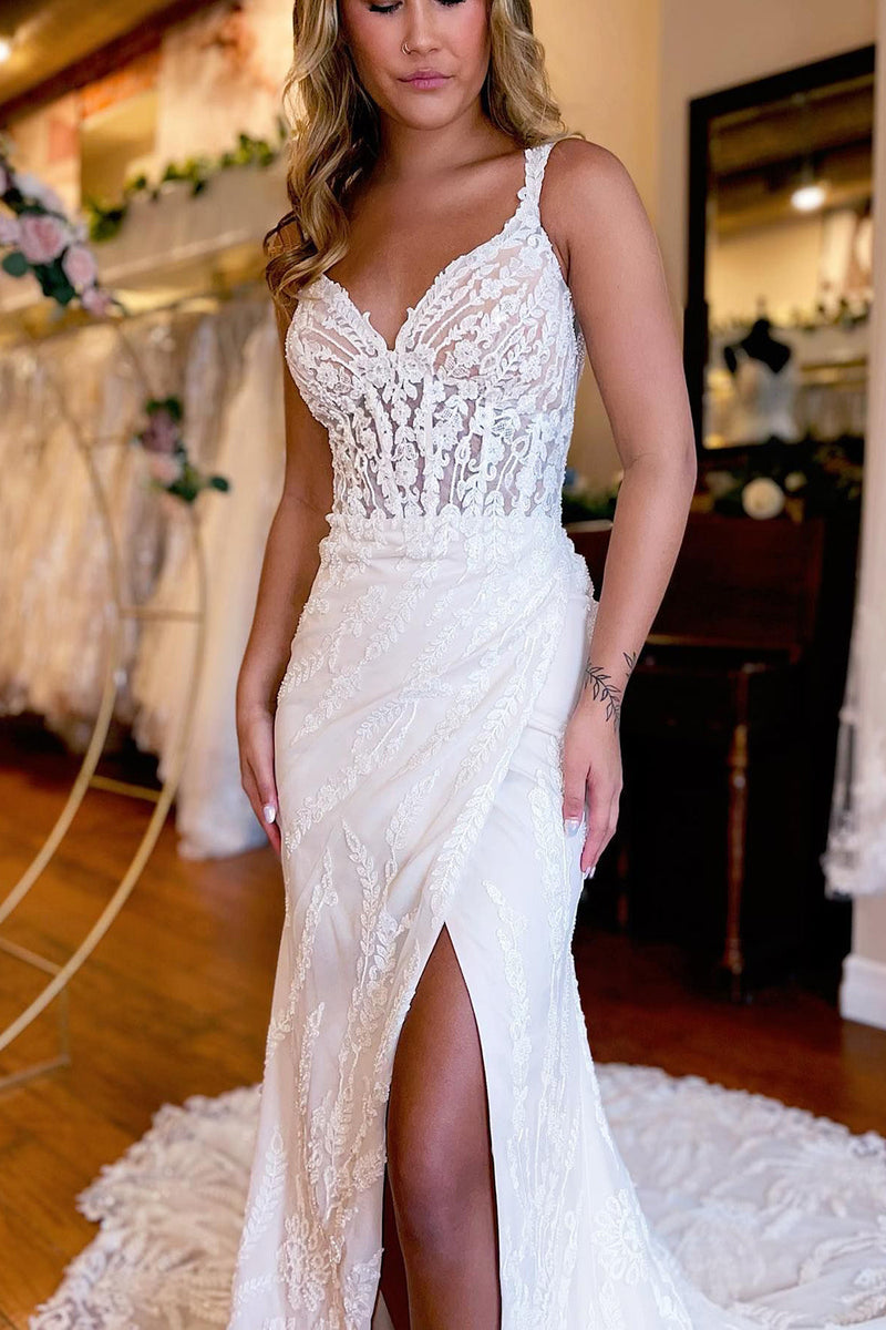 Load image into Gallery viewer, White V-Neck Sheath Long Lace Wedding Dress with Slit