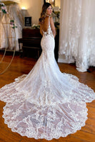 Load image into Gallery viewer, Ivory Mermaid Spaghetti Straps Backless Long Lace Wedding Dress