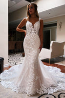 Load image into Gallery viewer, Women Ivory Backless Long Mermaid Lace Wedding Dress Spaghetti Straps Sweep Train Bridal Dress