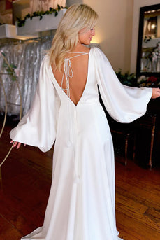 White Satin Simple A-Line Long Wedding Dress