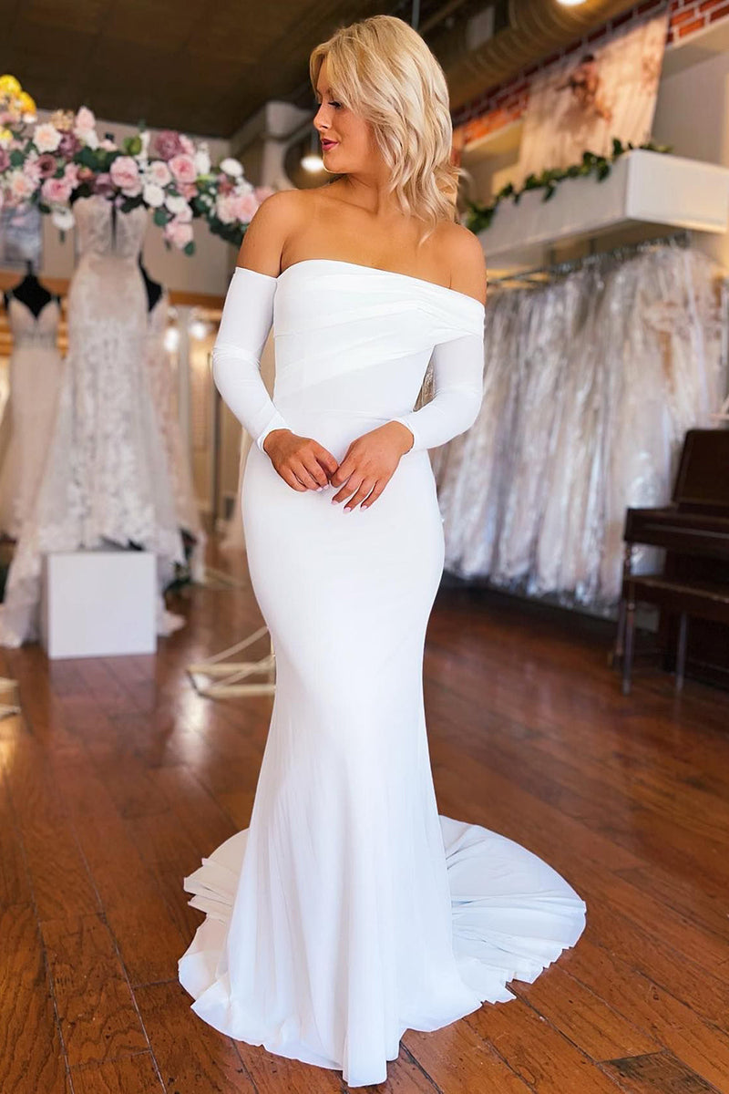 Load image into Gallery viewer, Simple White Boho Mermaid Long Wedding Dress with Sleeves