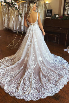 Ivory A-Line V-Neck Backless Long Lace Wedding Dress