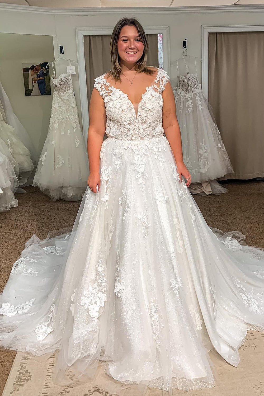 Queendancer Women Glitter Ivory Long Tulle Plus Size Wedding Dress