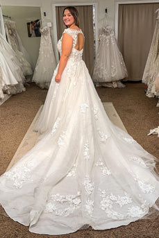 Glitter Ivory Long Tulle Plus Size Wedding Dress with Lace