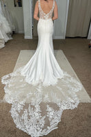 Load image into Gallery viewer, White Deep V-Neck Mermaid Long Wedding Dress with Lace