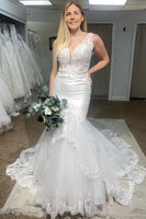 Load image into Gallery viewer, Deep V-Neck Mermaid White Long Wedding Dress with Lace