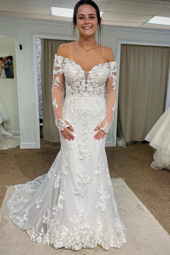 Tulle Mermaid Off The Shoulder White Long Wedding Dress with Appliques