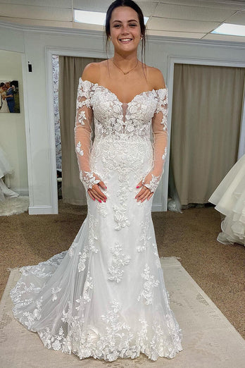 Tulle Mermaid Off The Shoulder White Long Wedding Dress with Appliques