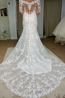 Load image into Gallery viewer, Tulle Mermaid Off The Shoulder White Long Wedding Dress with Appliques