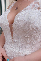 Load image into Gallery viewer, A-Line Tulle Sparkly White Sequins Long Plus Size Wedding Dress with Appliques