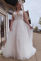 Load image into Gallery viewer, A-Line Tulle White Long Plus Size Wedding Dress with Beading