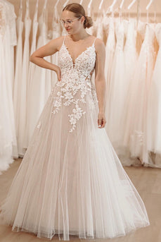 Glitter Ivory A-Line Spaghetti Straps Long Wedding Dress with Appliques
