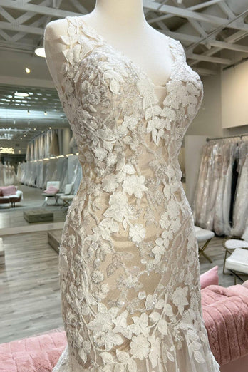 Champagne V-Neck Asymmetrical Mermaid Wedding Dress with Appliques