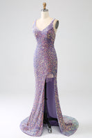 Load image into Gallery viewer, Sparkly Mermaid Light Purple Sequins Prom Dress with Slit