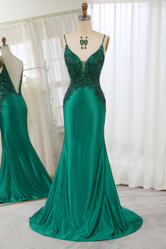 Glitter Dark Green Mermaid Backless Long Prom Dress With Beaded Appliques