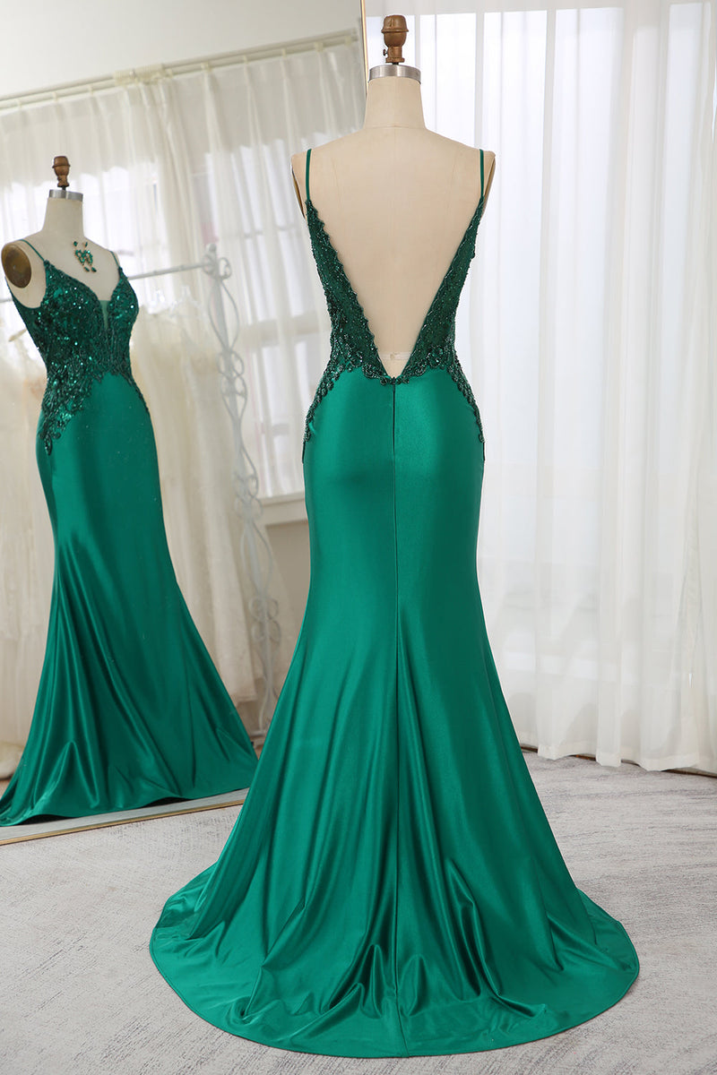 Load image into Gallery viewer, Glitter Dark Green Mermaid Backless Long Prom Dress With Beaded Appliques