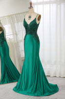 Load image into Gallery viewer, Glitter Dark Green Mermaid Backless Long Prom Dress With Beaded Appliques