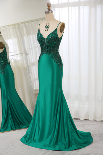 Glitter Dark Green Mermaid Backless Long Prom Dress With Beaded Appliques
