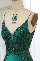 Load image into Gallery viewer, Glitter Dark Green Mermaid Backless Long Prom Dress With Beaded Appliques