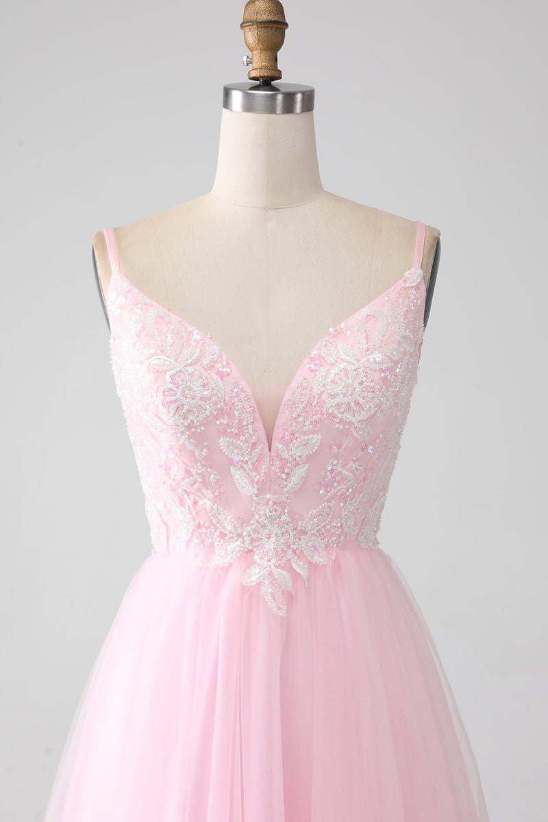 Load image into Gallery viewer, Light Pink A-Line Spaghetti Straps Prom Dress with Beading