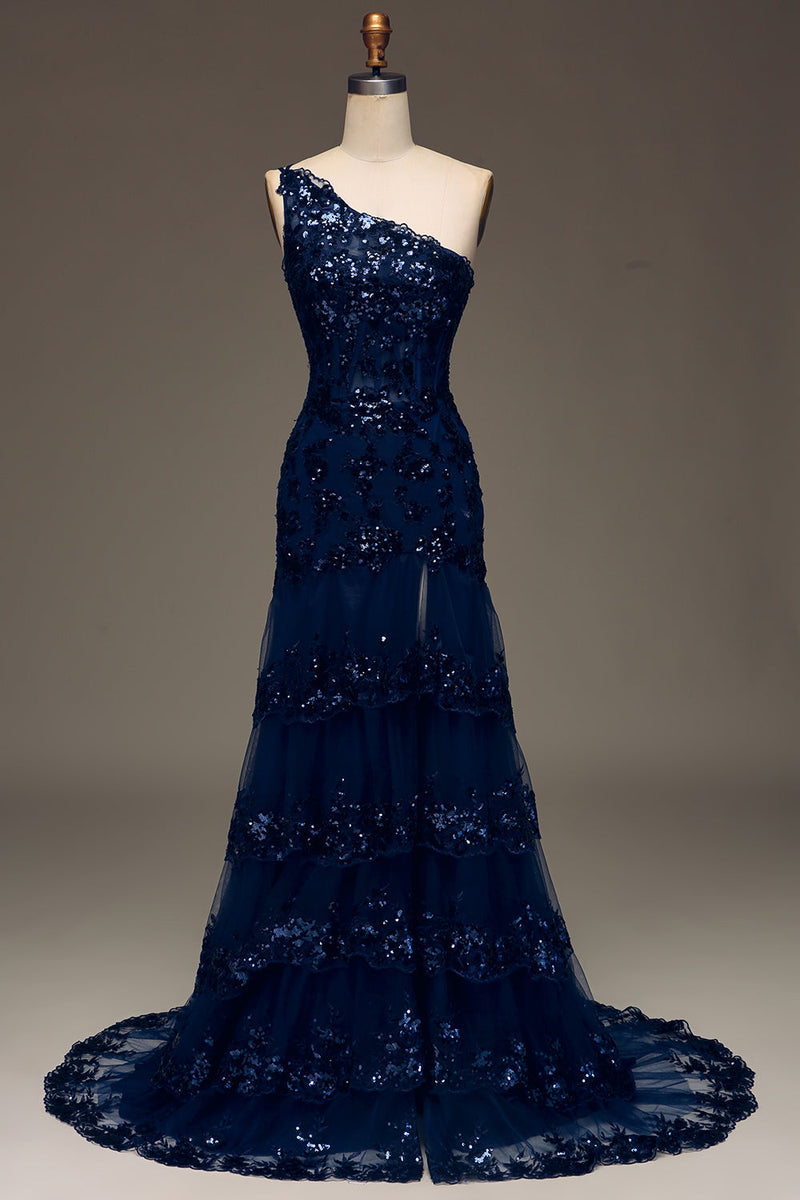 Load image into Gallery viewer, Sparkly Dark Navy Tiered Lace One Shoulder Long Prom Dress with Slit