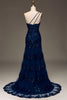 Load image into Gallery viewer, Sparkly Dark Navy Tiered Lace One Shoulder Long Prom Dress with Slit