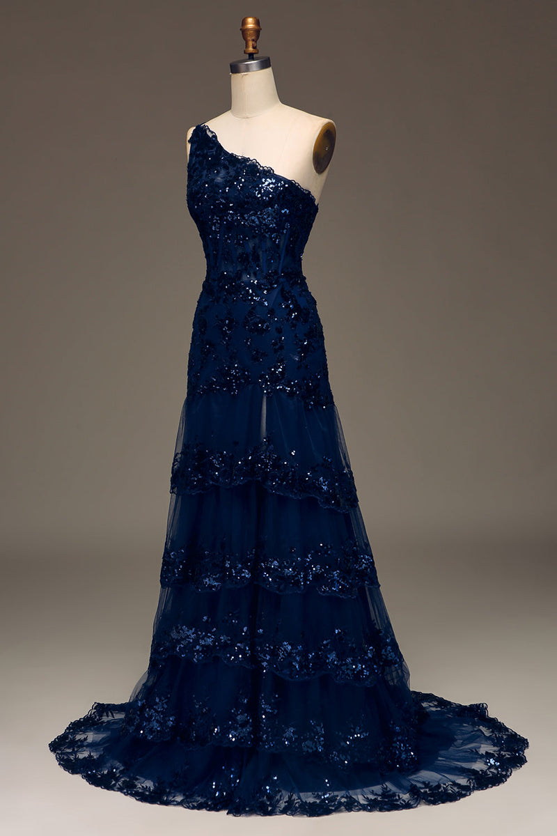 Load image into Gallery viewer, Sparkly Dark Navy Tiered Lace One Shoulder Long Prom Dress with Slit