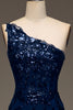 Load image into Gallery viewer, Sparkly Dark Navy Tiered Lace One Shoulder Long Prom Dress with Slit