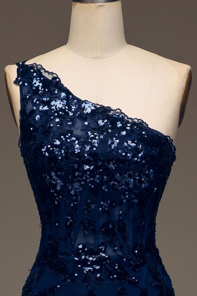 Load image into Gallery viewer, Sparkly Dark Navy Tiered Lace One Shoulder Long Prom Dress with Slit