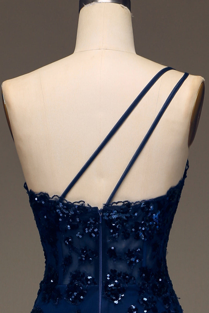 Load image into Gallery viewer, Sparkly Dark Navy Tiered Lace One Shoulder Long Prom Dress with Slit