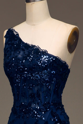 Sparkly Dark Navy Tiered Lace One Shoulder Long Prom Dress with Slit