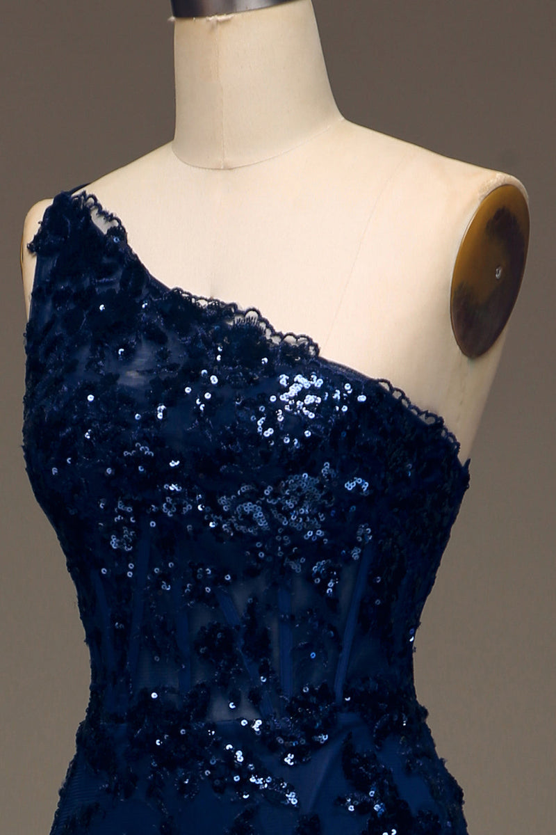 Load image into Gallery viewer, Sparkly Dark Navy Tiered Lace One Shoulder Long Prom Dress with Slit
