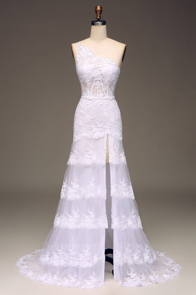 Load image into Gallery viewer, Sparkly Dark Navy Tiered Lace One Shoulder Long Prom Dress with Slit