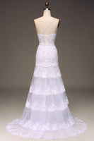 Load image into Gallery viewer, Sparkly Dark Navy Tiered Lace One Shoulder Long Prom Dress with Slit