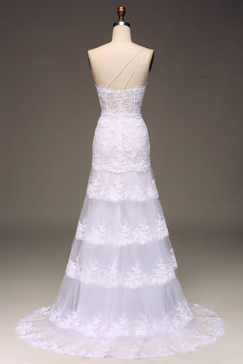 Sparkly Dark Navy Tiered Lace One Shoulder Long Prom Dress with Slit