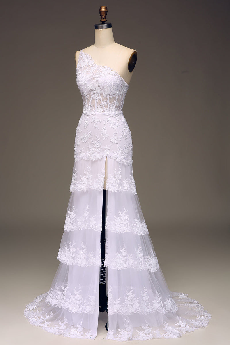 Load image into Gallery viewer, Sparkly Dark Navy Tiered Lace One Shoulder Long Prom Dress with Slit