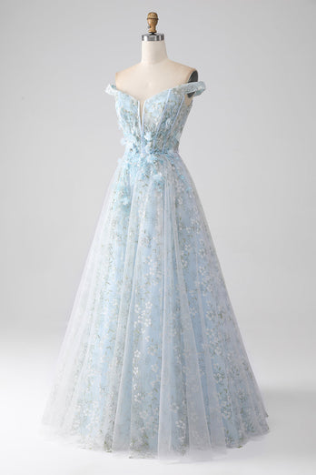 Light Blue A-Line Off the Shoulder Long Corset Prom Dress