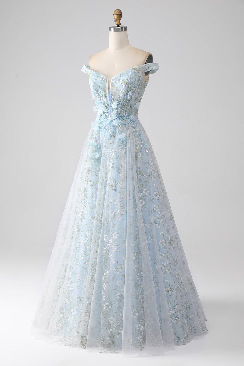 Load image into Gallery viewer, Light Blue A-Line Off the Shoulder Long Corset Prom Dress