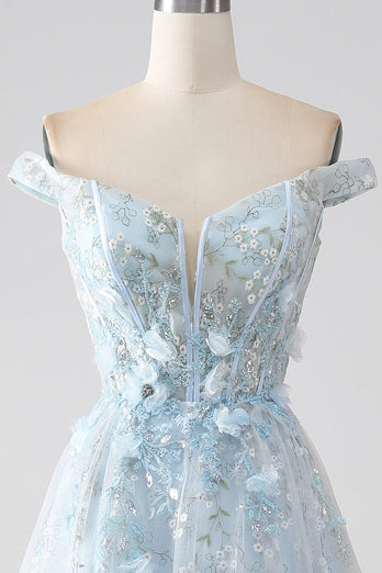 Light Blue A-Line Off the Shoulder Long Corset Prom Dress