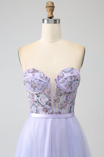 Lavender A Line Tulle Corset Prom Dress with Slit