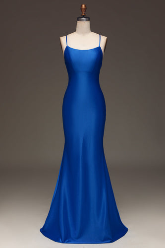 Simple Royal Blue Satin Mermaid Long Prom Dress