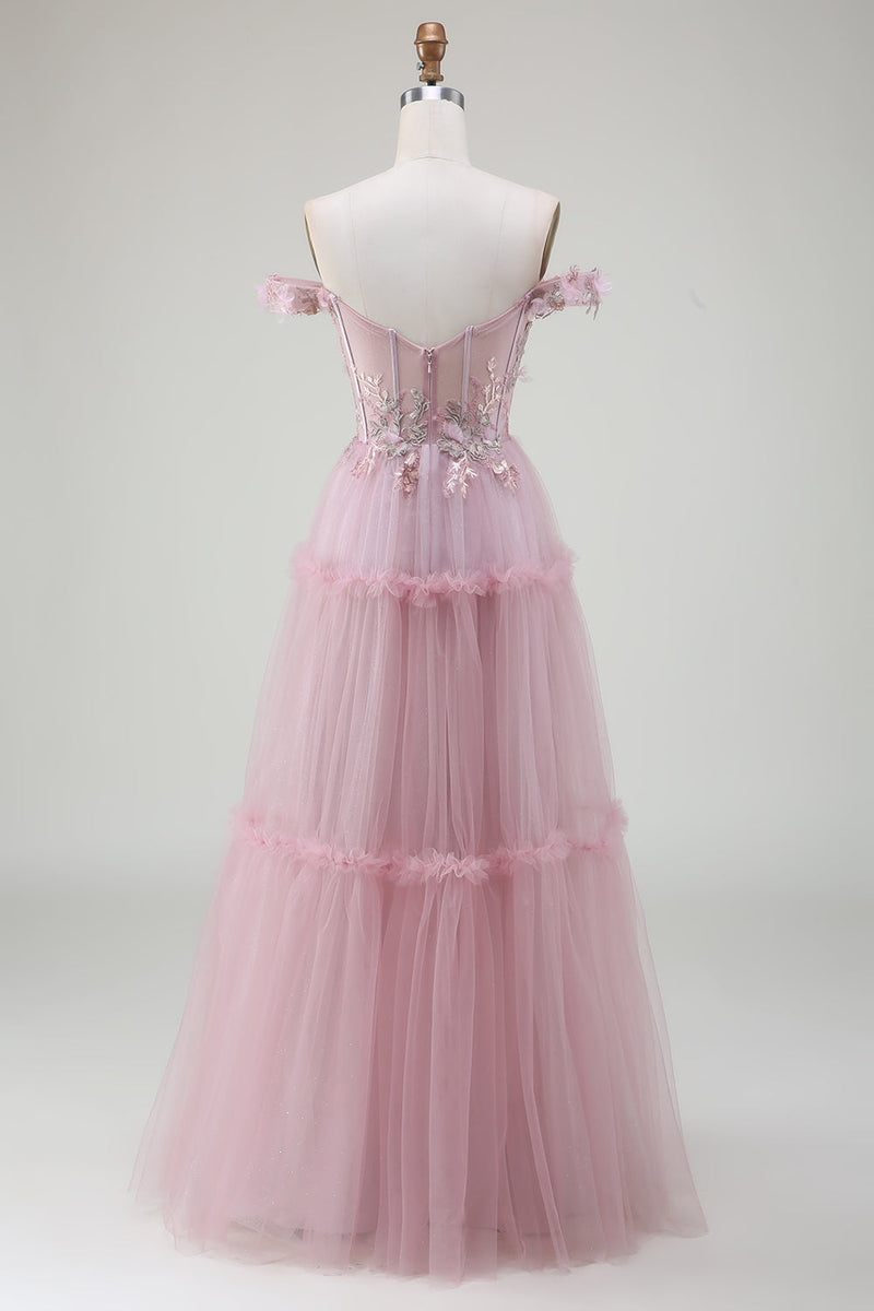 Load image into Gallery viewer, Off the Shoulder Tulle Pink Prom Dress with Appliques